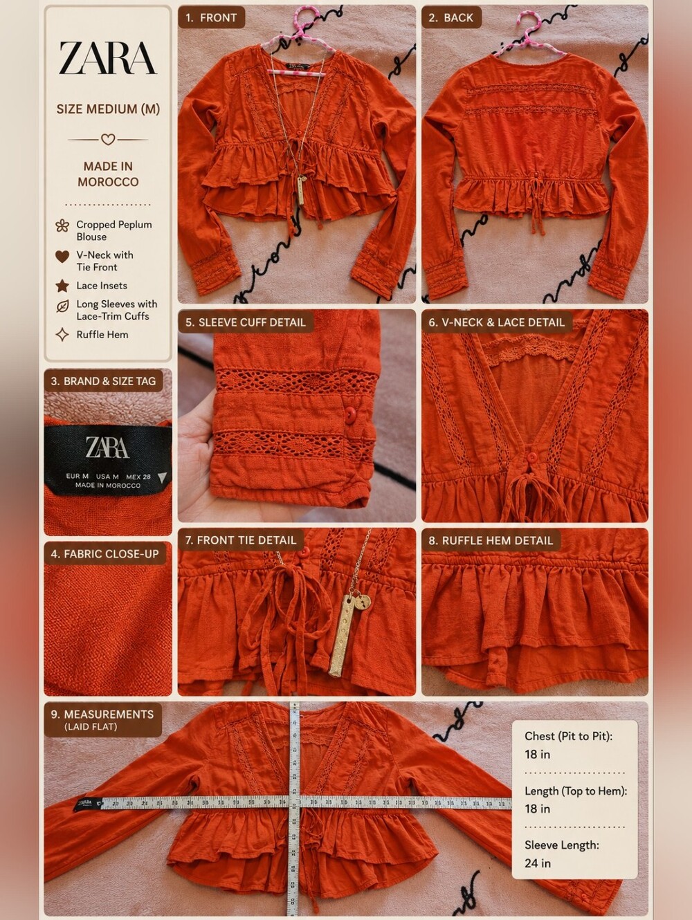 ZARA Rust Orange Cropped Ruffle Peplum Blouse